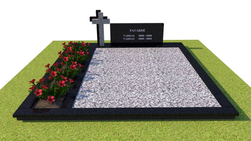 Juodo granito paminklas ir tvorelė su pilku kryžiumi ir pilka skaldele (KP16-2)